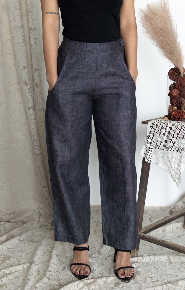 Women's Grey Linen Melange Trousers