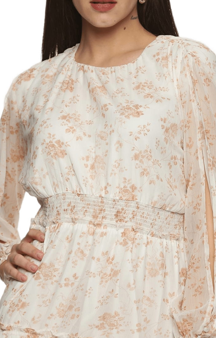 Women's White Chiffon Floral Tiered Dress