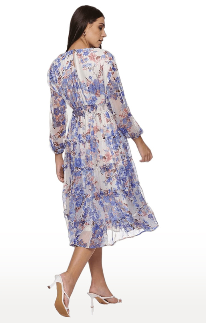 Women's White & Blue Chiffon Floral Tiered Dress
