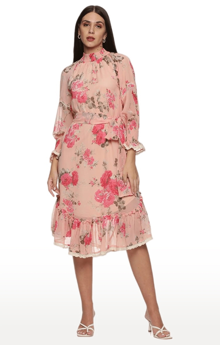 ISU | Women's Peach Chiffon Floral Tiered Dress 0
