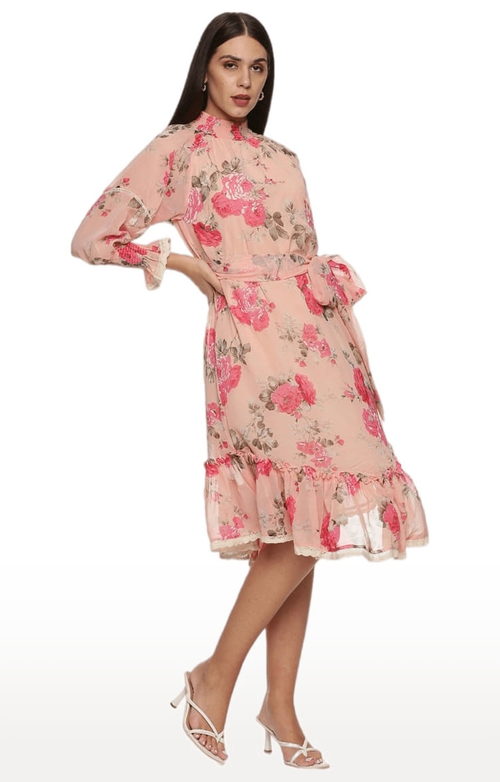 ISU | Women's Peach Chiffon Floral Tiered Dress 2