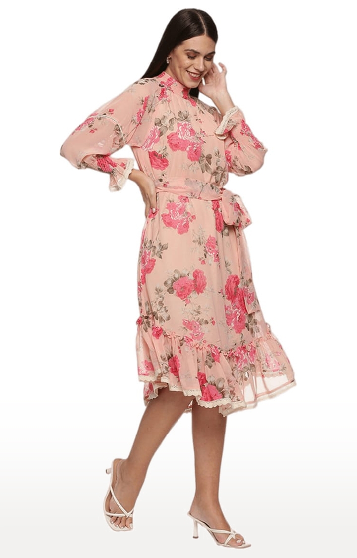 ISU | Women's Peach Chiffon Floral Tiered Dress 1