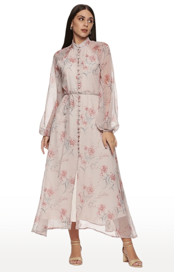 ISU | Women's Beige Chiffon Floral Maxi Dress 0
