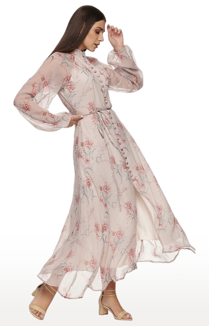 ISU | Women's Beige Chiffon Floral Maxi Dress 1