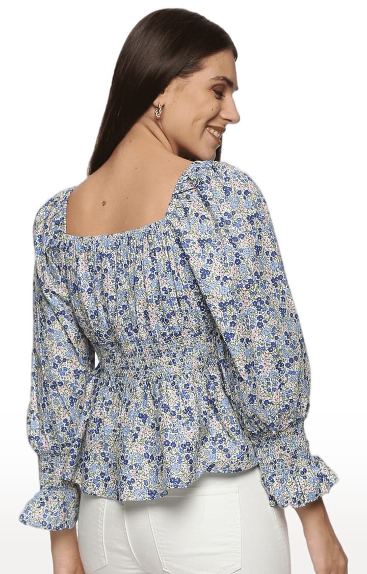 Women's Blue Cambric Floral Peplum Top