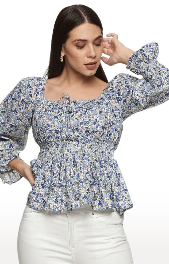 Women's Blue Cambric Floral Peplum Top