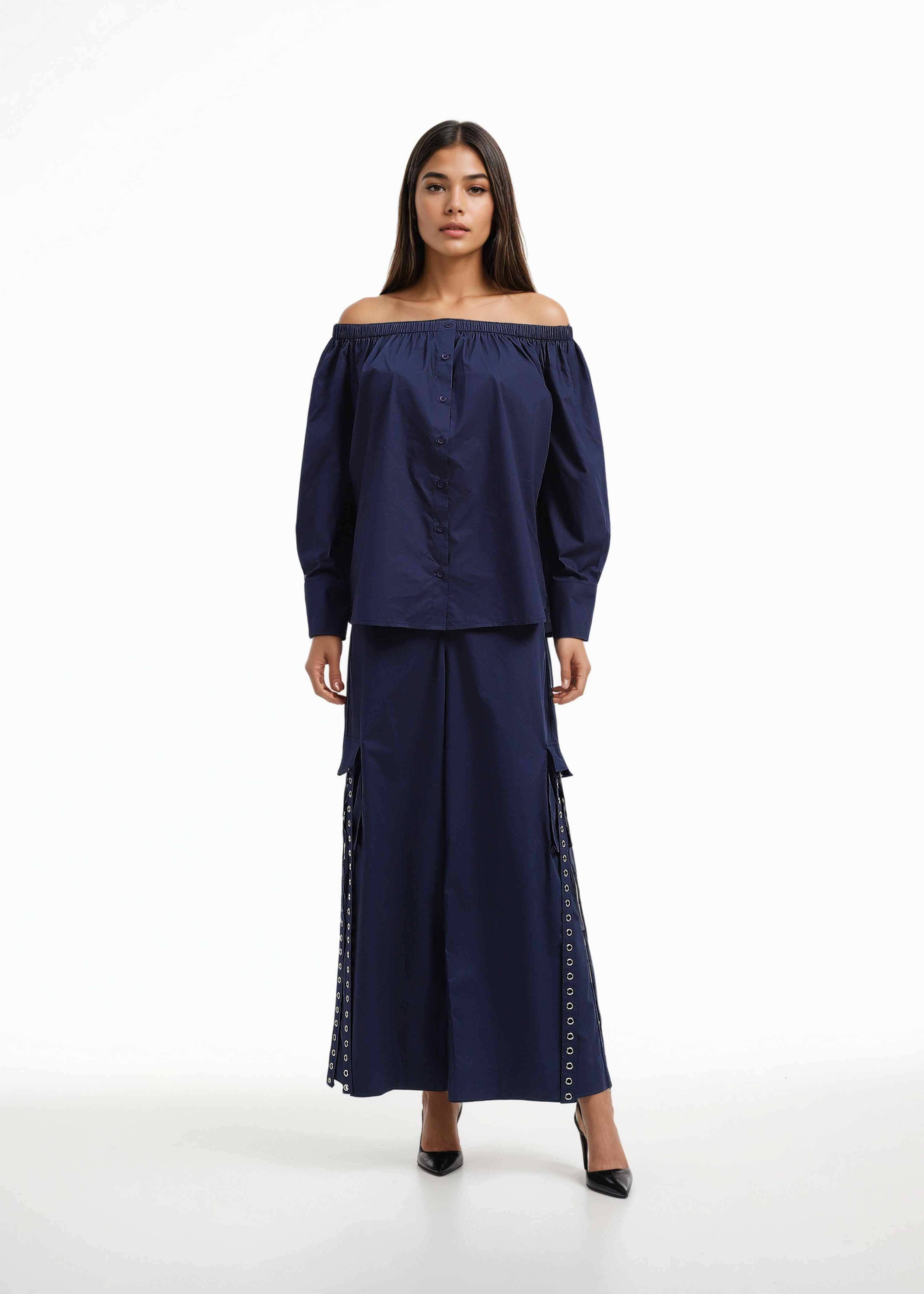 AKOK Blue Cotton Off shoulder shirt and Trouser Co-ords