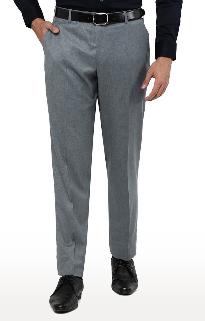 Men's Grey Wool Blend Solid Formal Trousers