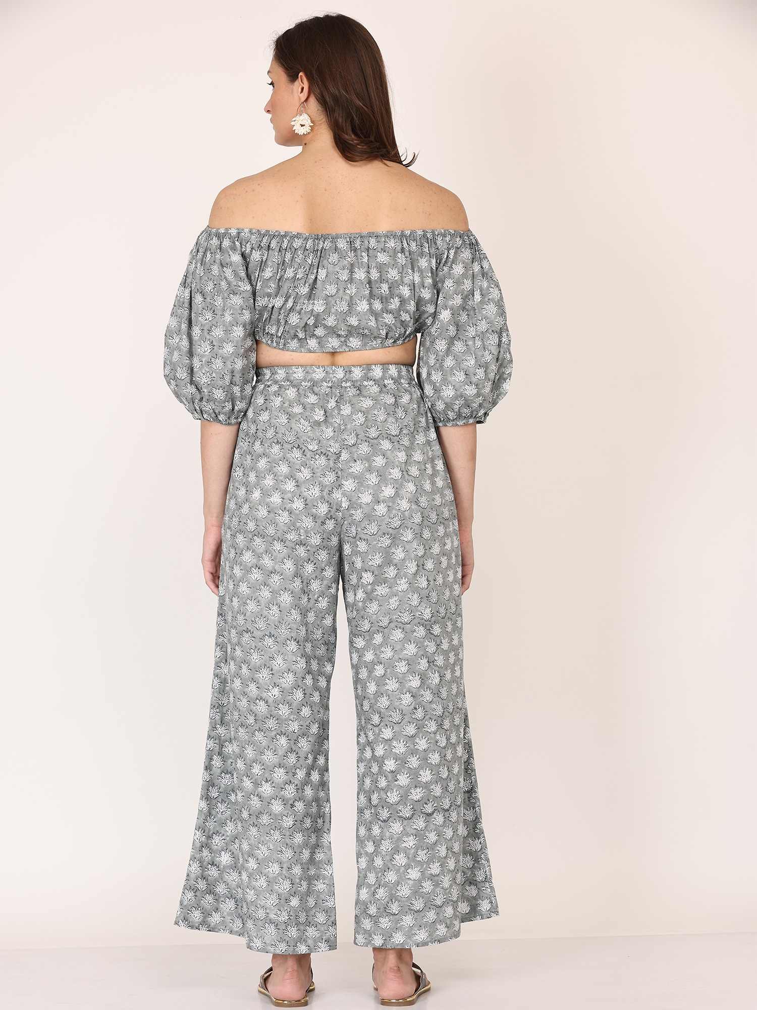 Alice18 Women's Elegant Grey Floral Off-Shoulder Co-Ord Set