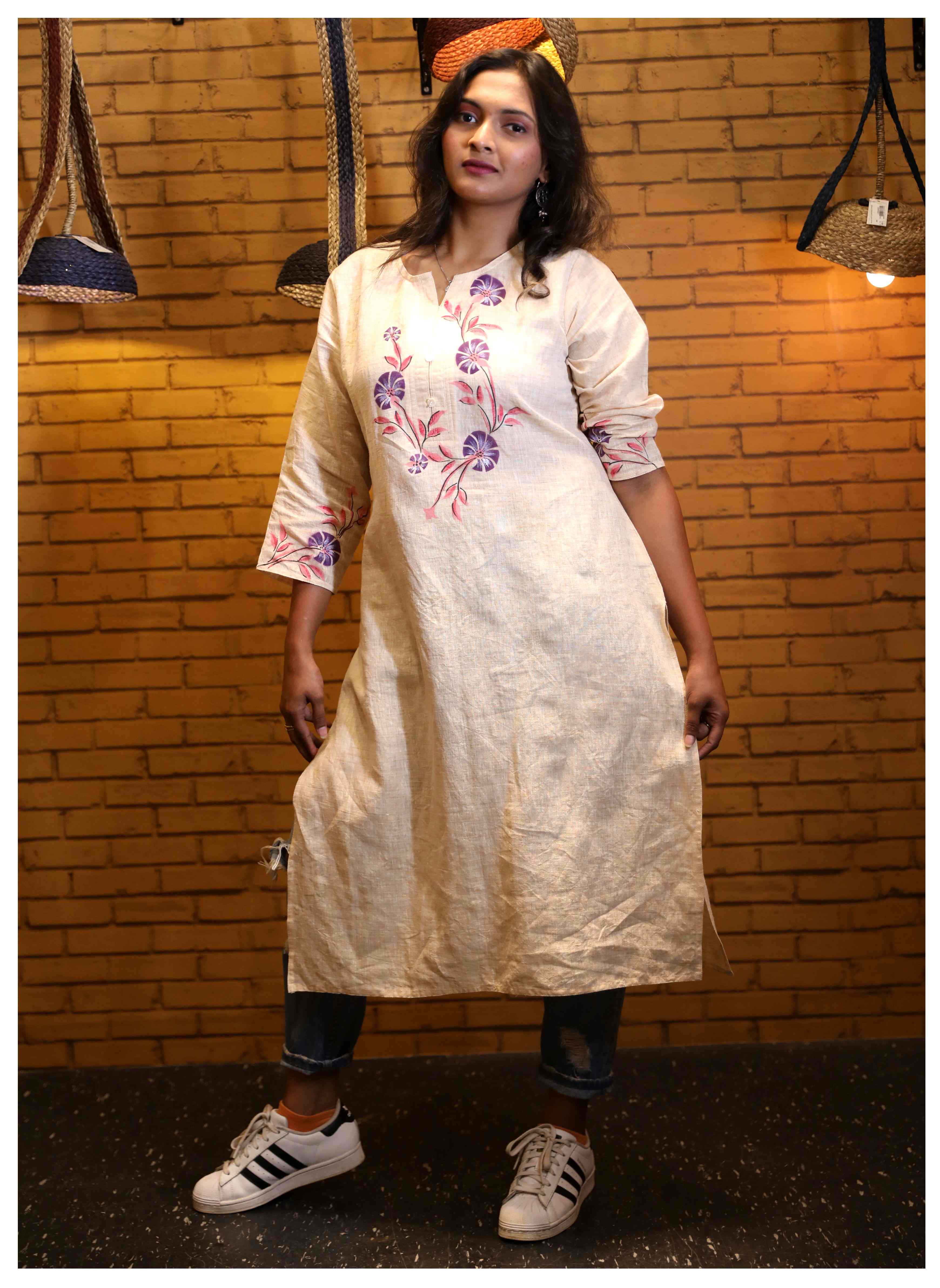 Ladies Linen Long Handpainted Tunic Kurti-Beige