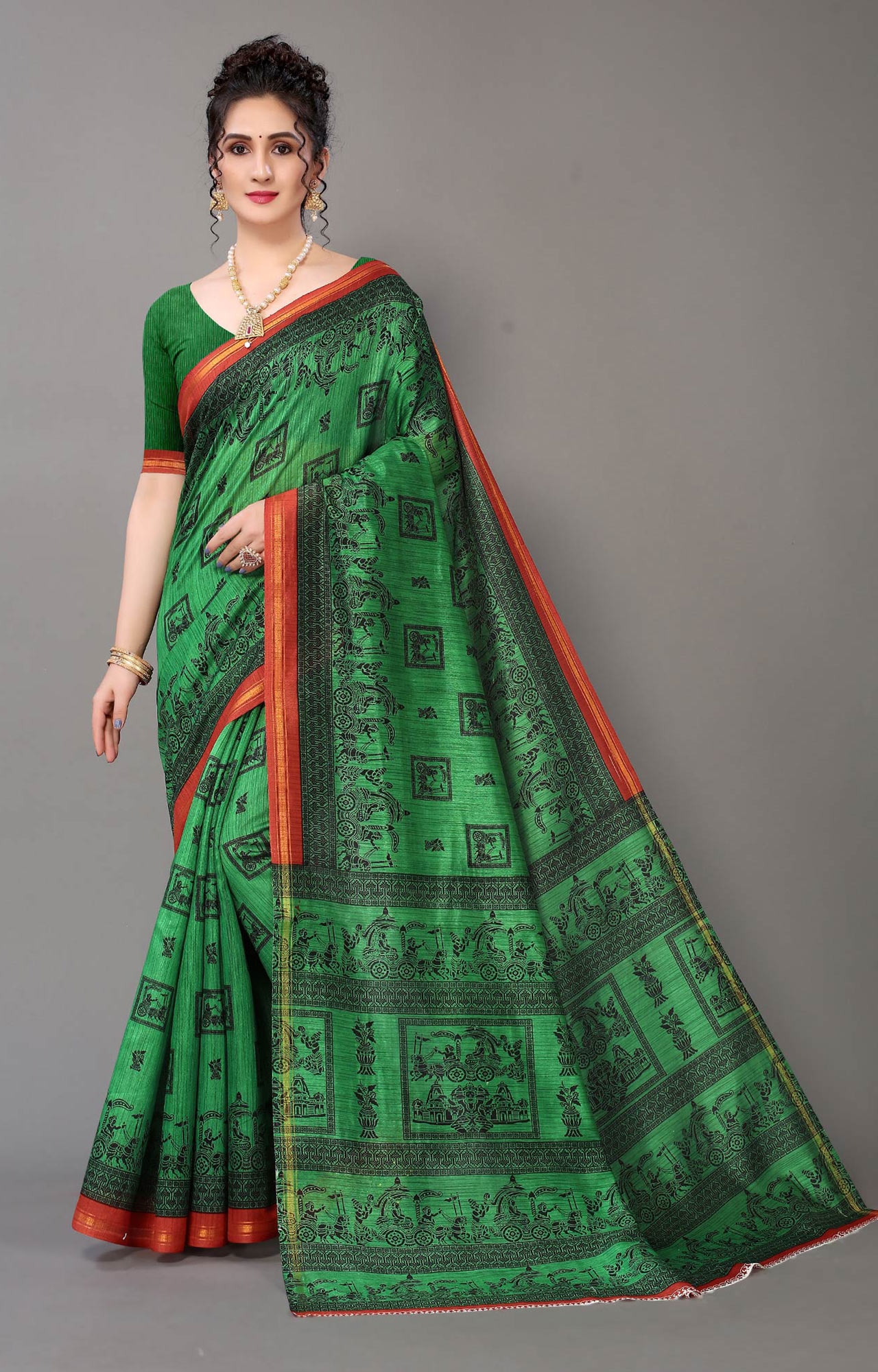 Women Daily Wear Green Traditional Printed Art Silk Saree - HAL29ART00113GRN