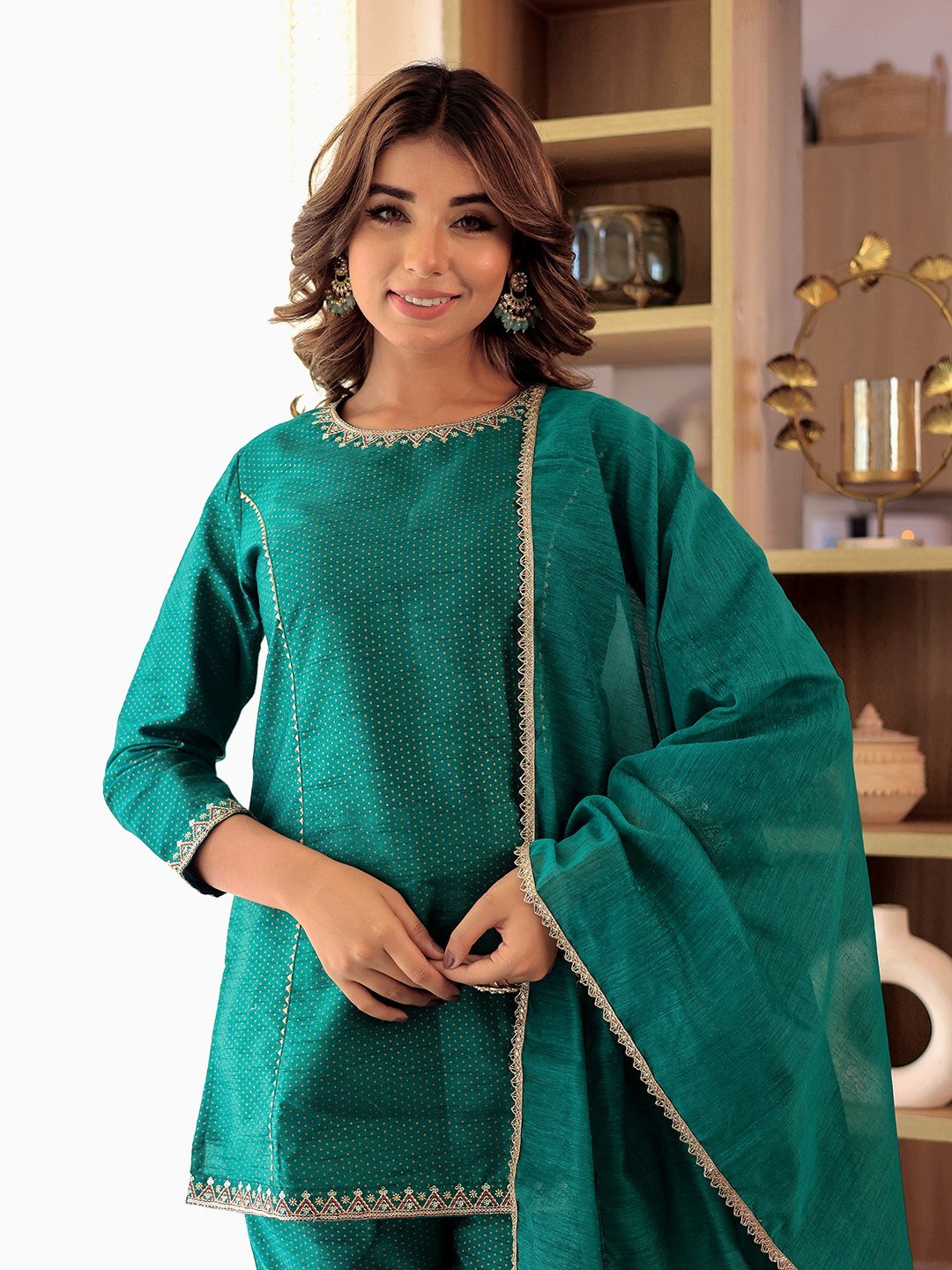 GREEN EMBROIDERED KURTA WITH BELL BOTTOM PANT & DUPATTA