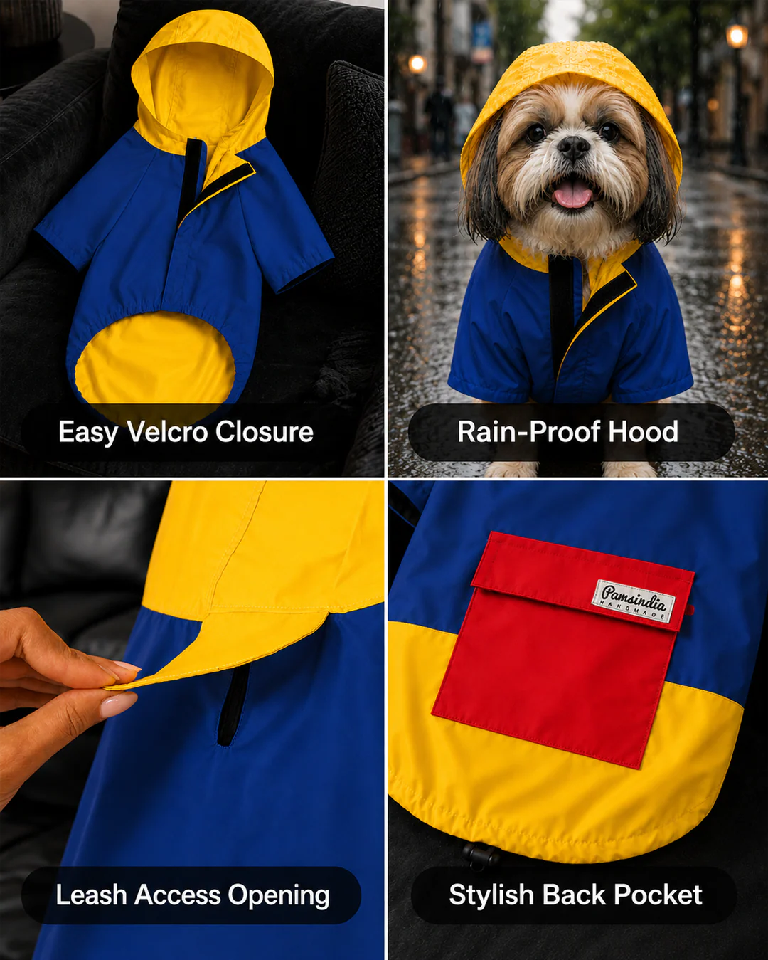 Pawsindia Dog Hooded 360° Raincoat, Navy Blue & Yellow