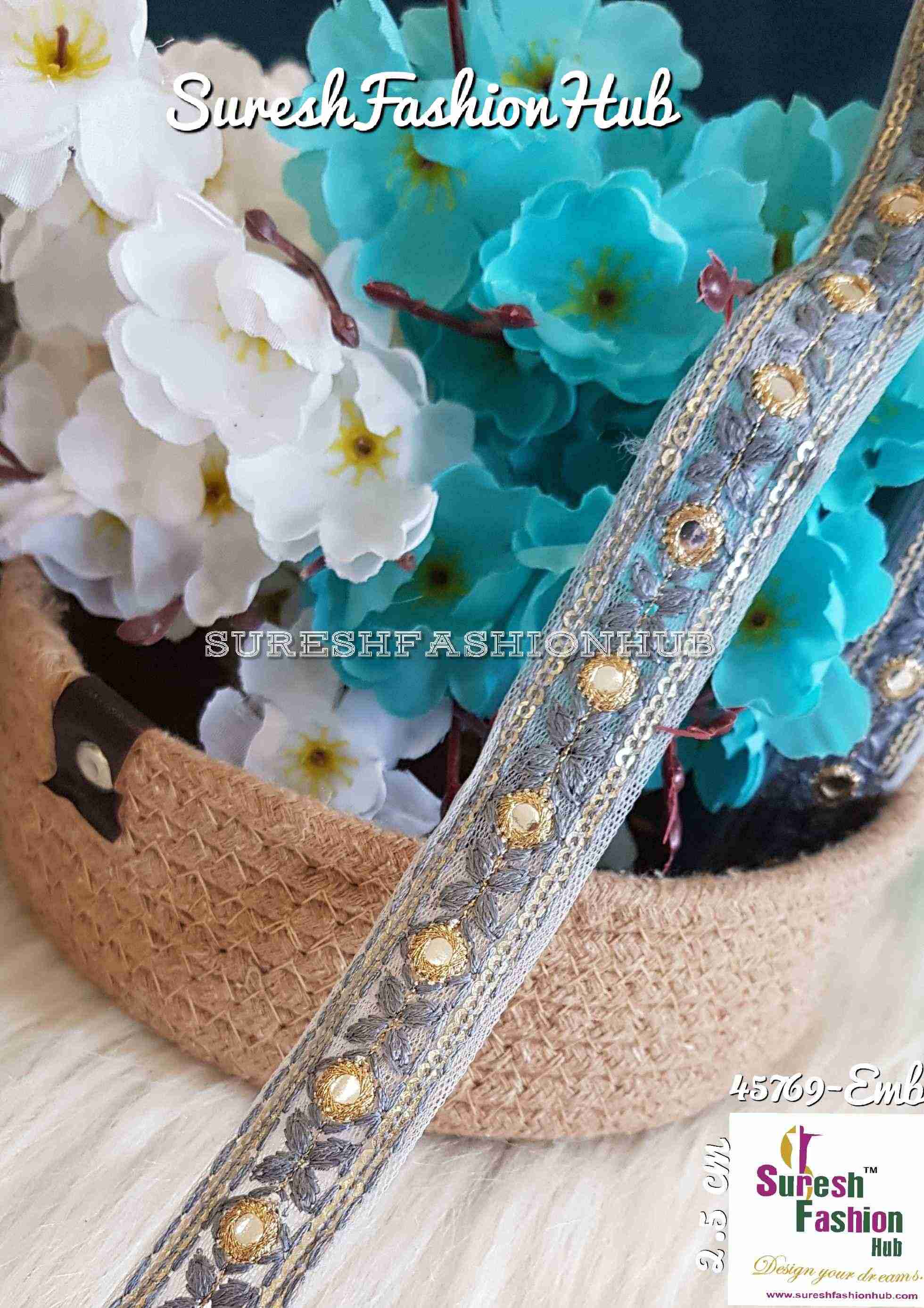 Steel Blue Color Threaded Embroidery Trim
