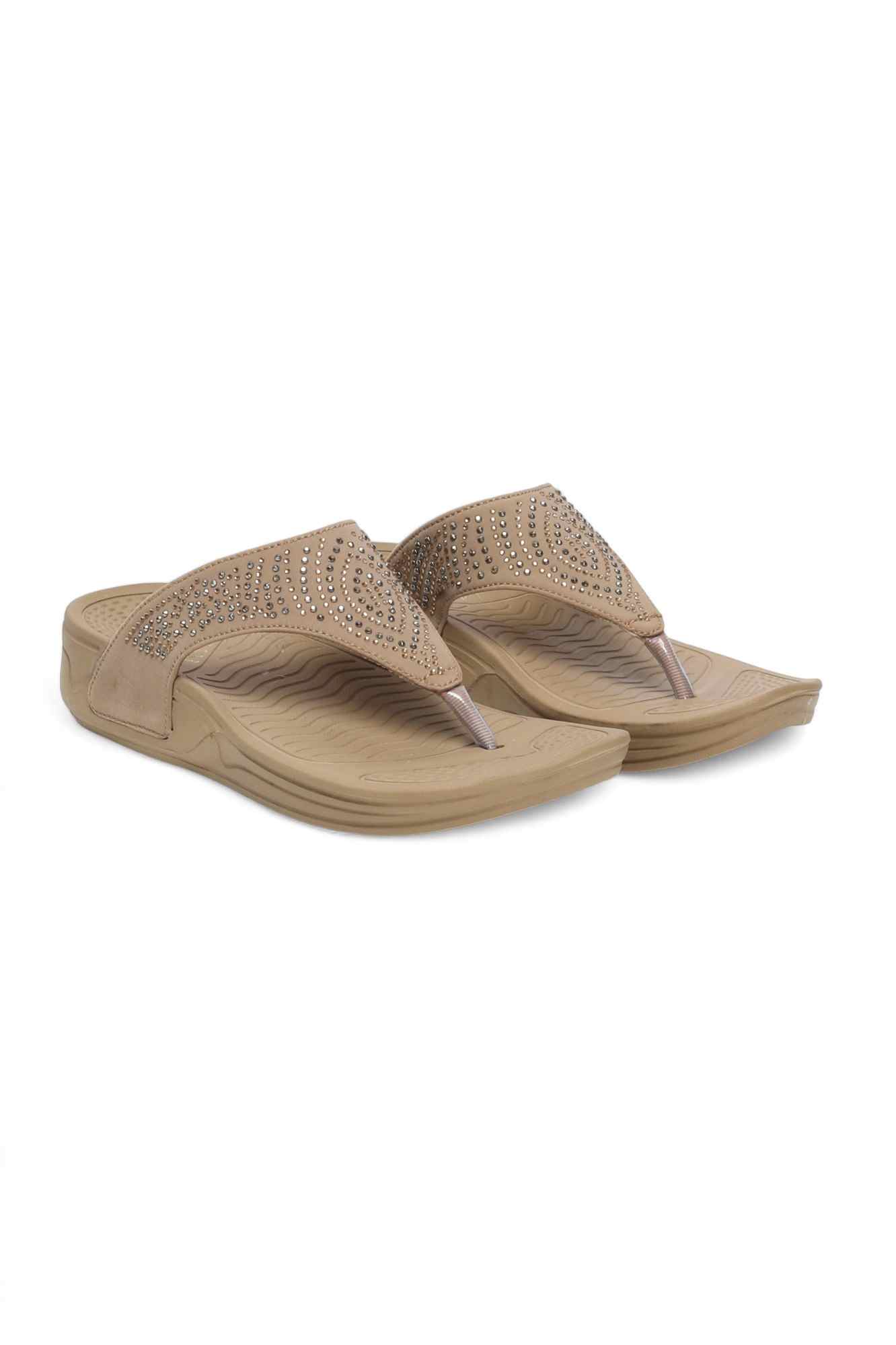 Women Sparkling Beige Wedge Flip-Flops