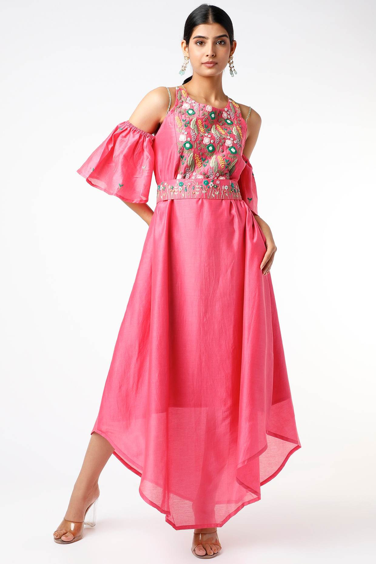Fuchsia Embroidered Dress With Belt