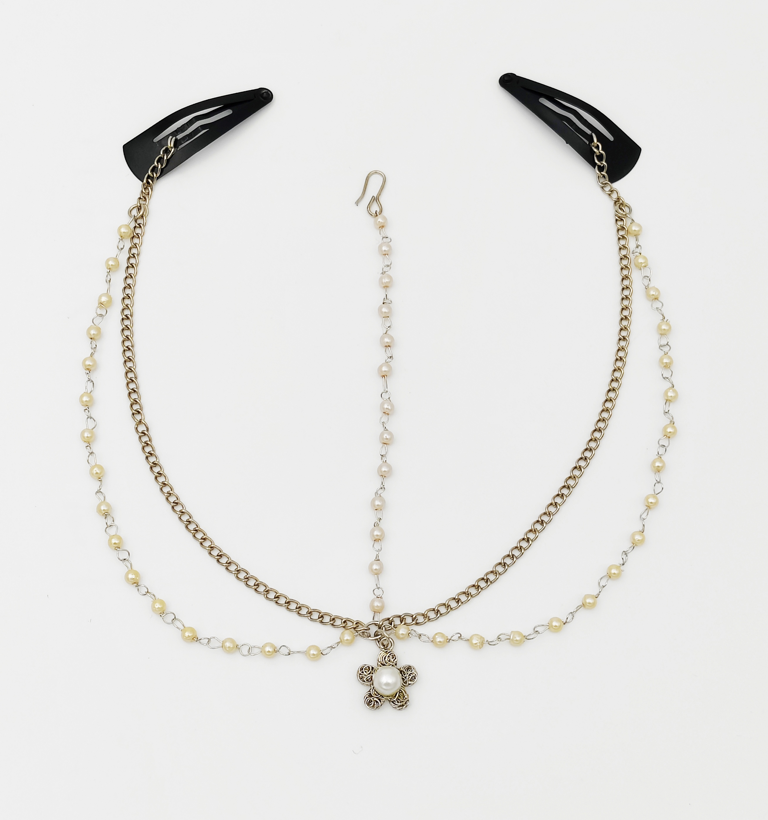 Flower & Pearl Detailed Head Chain - Silver