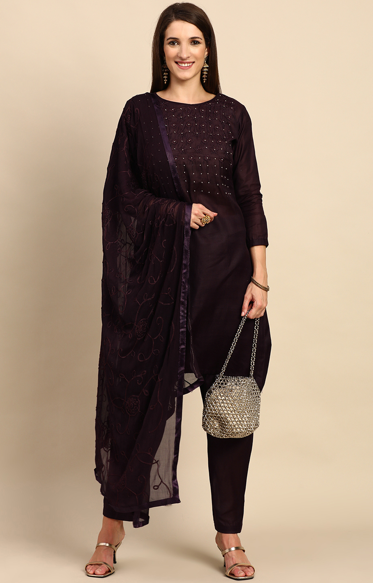 Shaily Women Brown Color Cotton Embroidered With Pearl Unstitched Dress Material-VF_KRINA_BRWN_DM