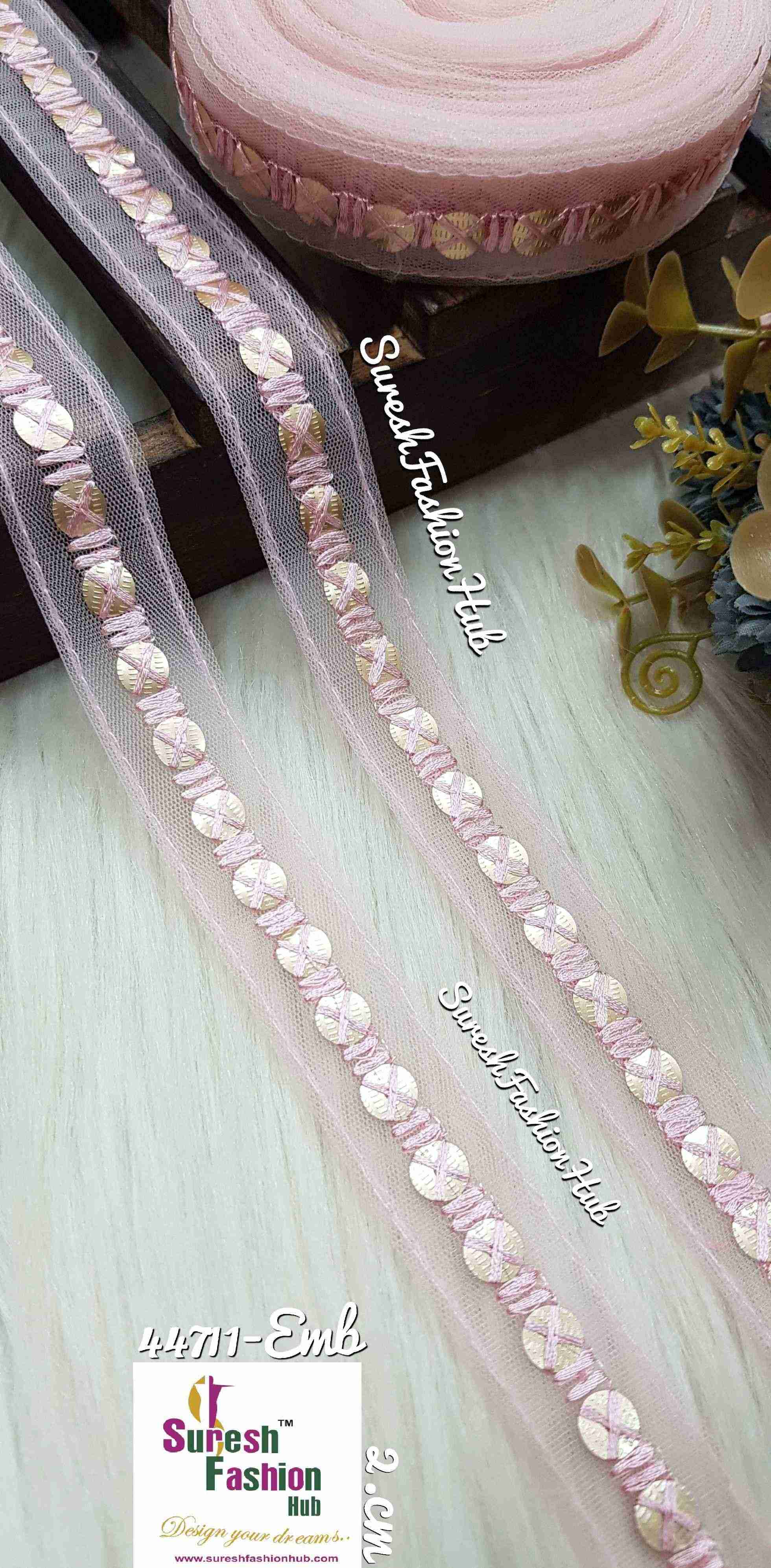 Baby Pink Net Touch Sequin Thread Lace