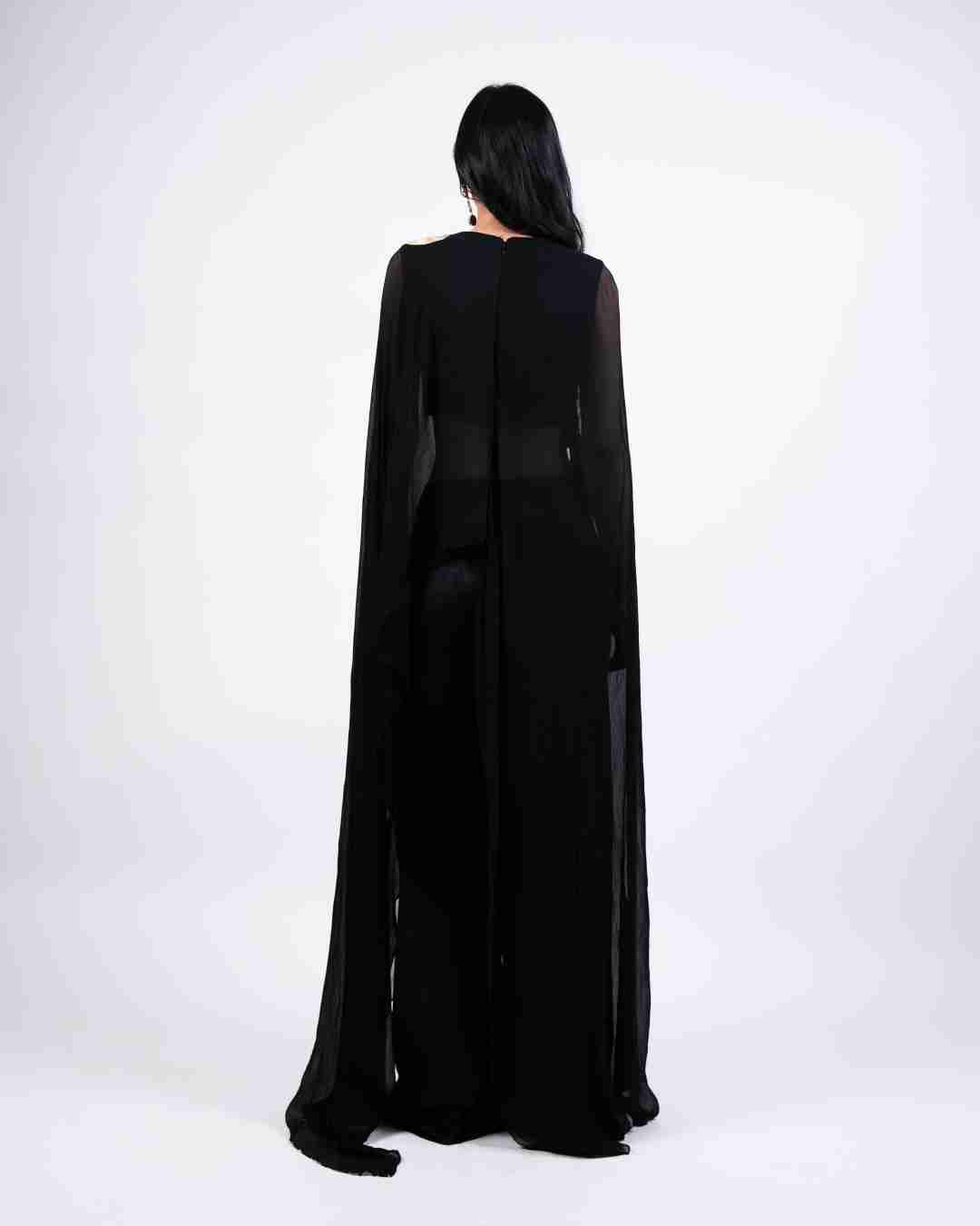 AKOK Black Silk Dupatta Cape with Trouser Co-ords