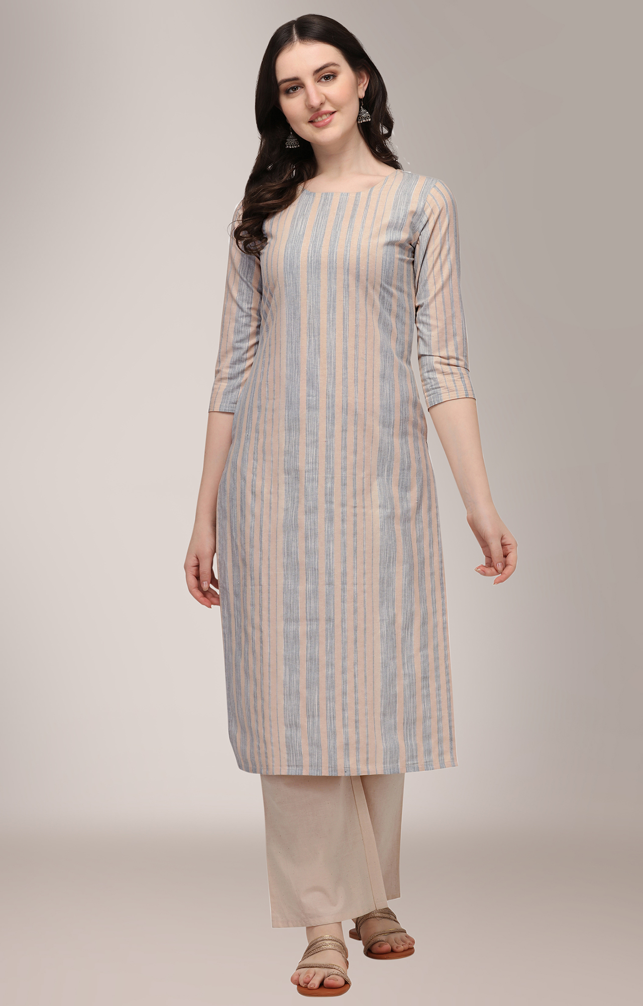 Women Grey Striped Print Casual Kurta - SNJH_HRK005GRY