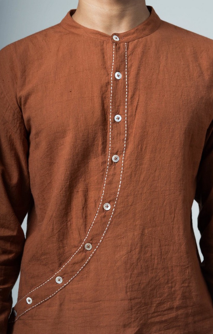 Men's Brown Cotton Solid Angrakha Kurta