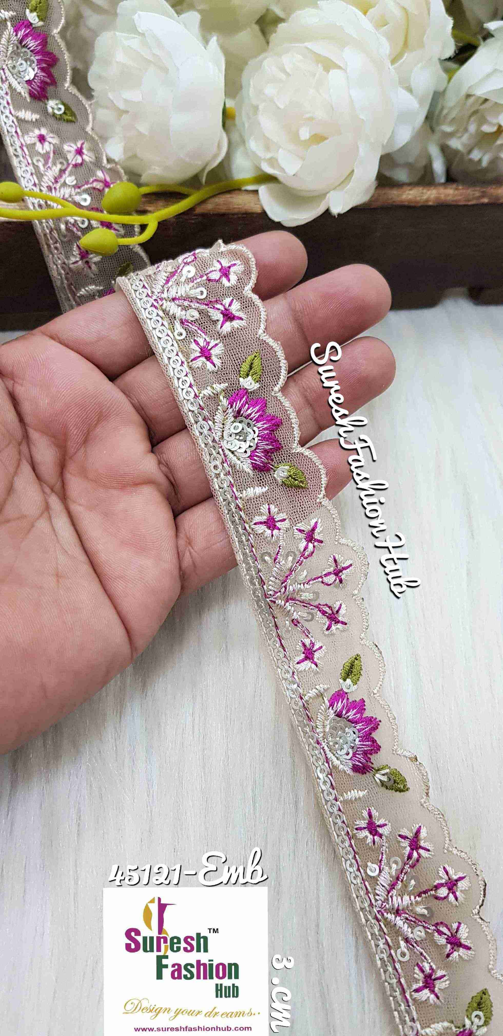 Magenta Flowers Sequined Petal Cutwork Laces