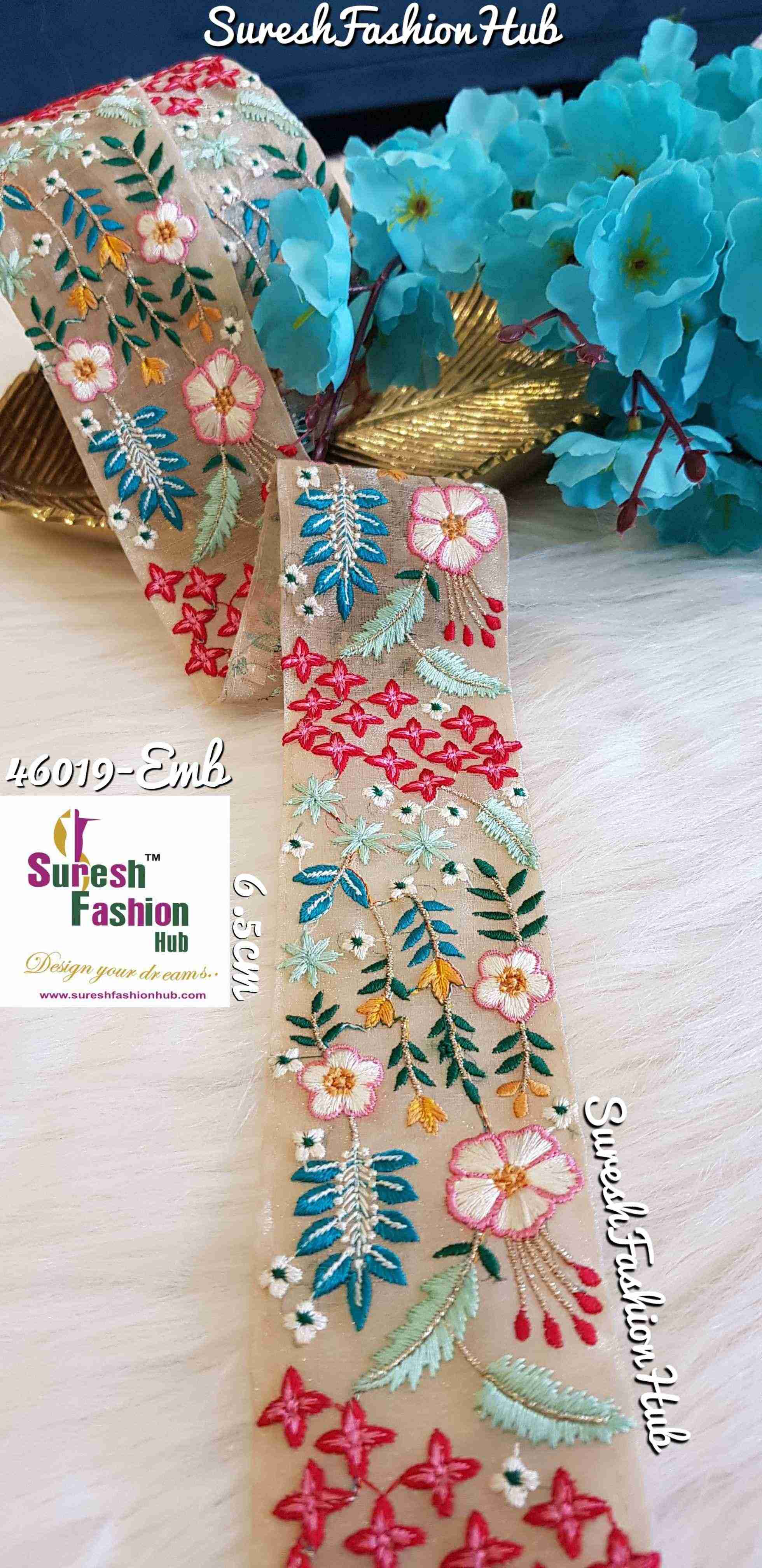 Threaded Floral Whisper Mix Of Blue & Red Colors Designer Trim