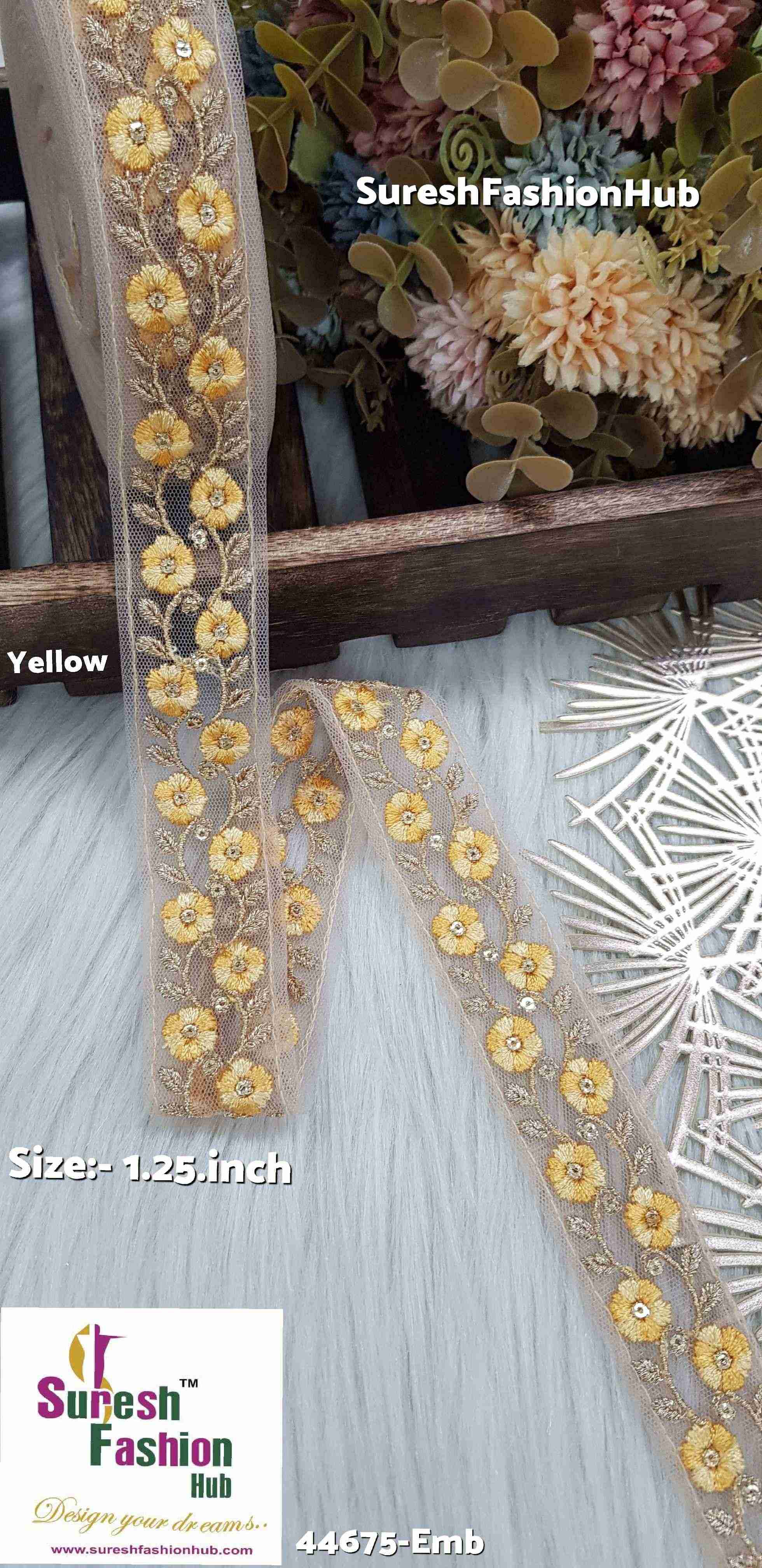 Dual Tone Yellow  Embroidered Net Lace