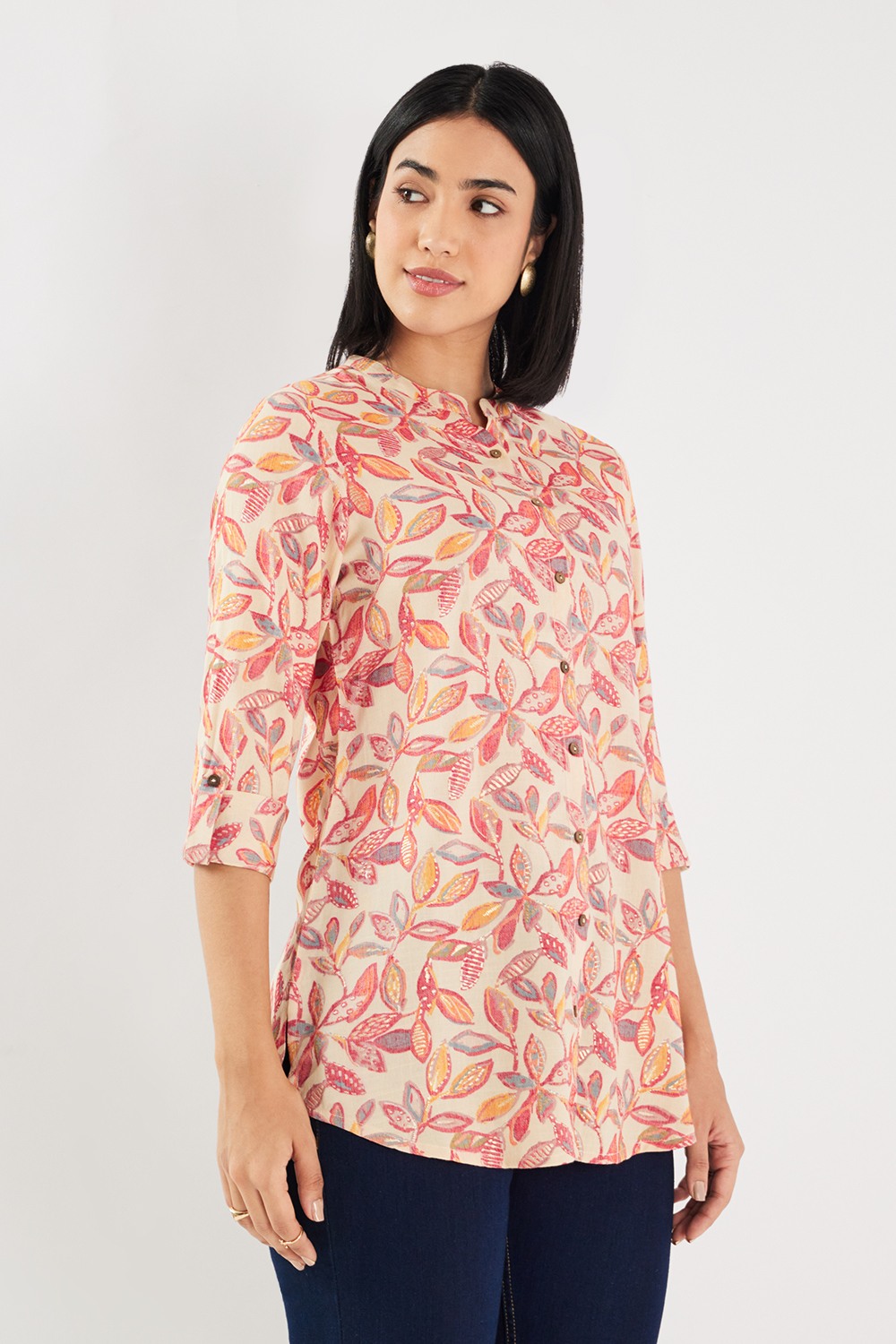 Printed PV Slub Collared Women's Tunic