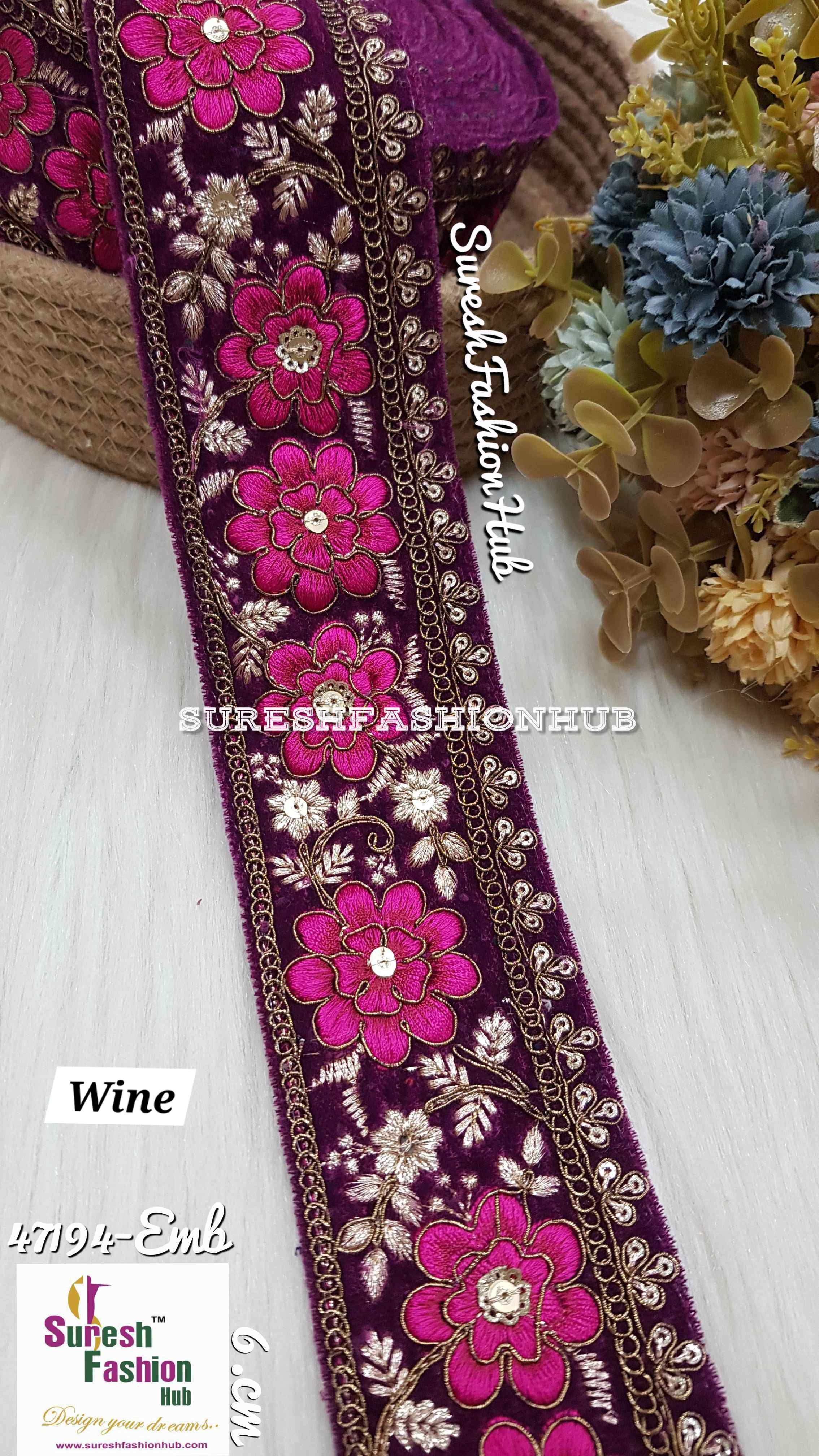 Wine Velvet Multicolor Floral Embroidery Lace