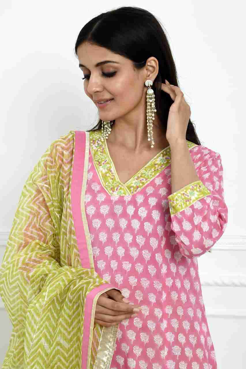 Naksh Pink Green Block Printed Straight Kurta, Pants And Dupatta (Set of 3)