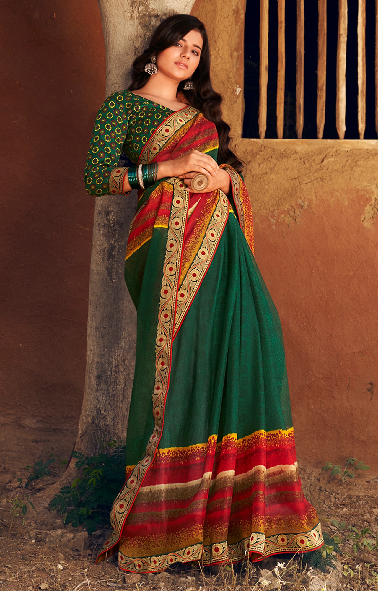 Women Dark Green Chiffon Printed Saree-S_L21SHUBHLABH31009SSR01