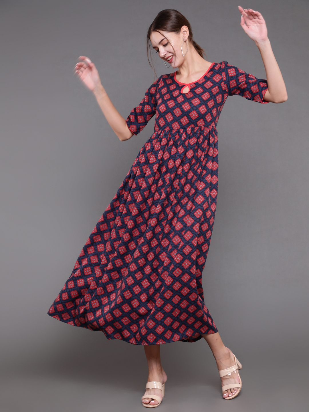 ANTARAN | Geometric Print Cotton Red Dress 0