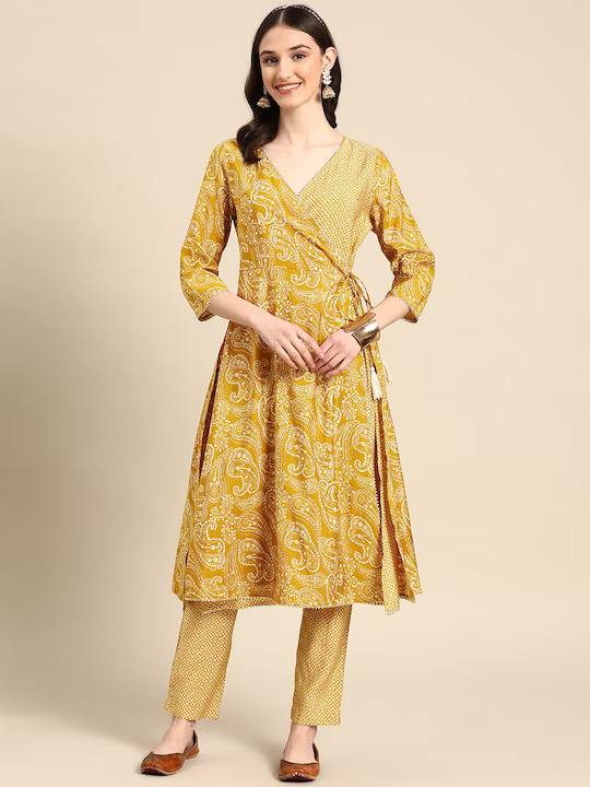 Women Mustard Yellow Ethnic Motifs Printed Angrakha Gotta Patti Kurta with Trousers
