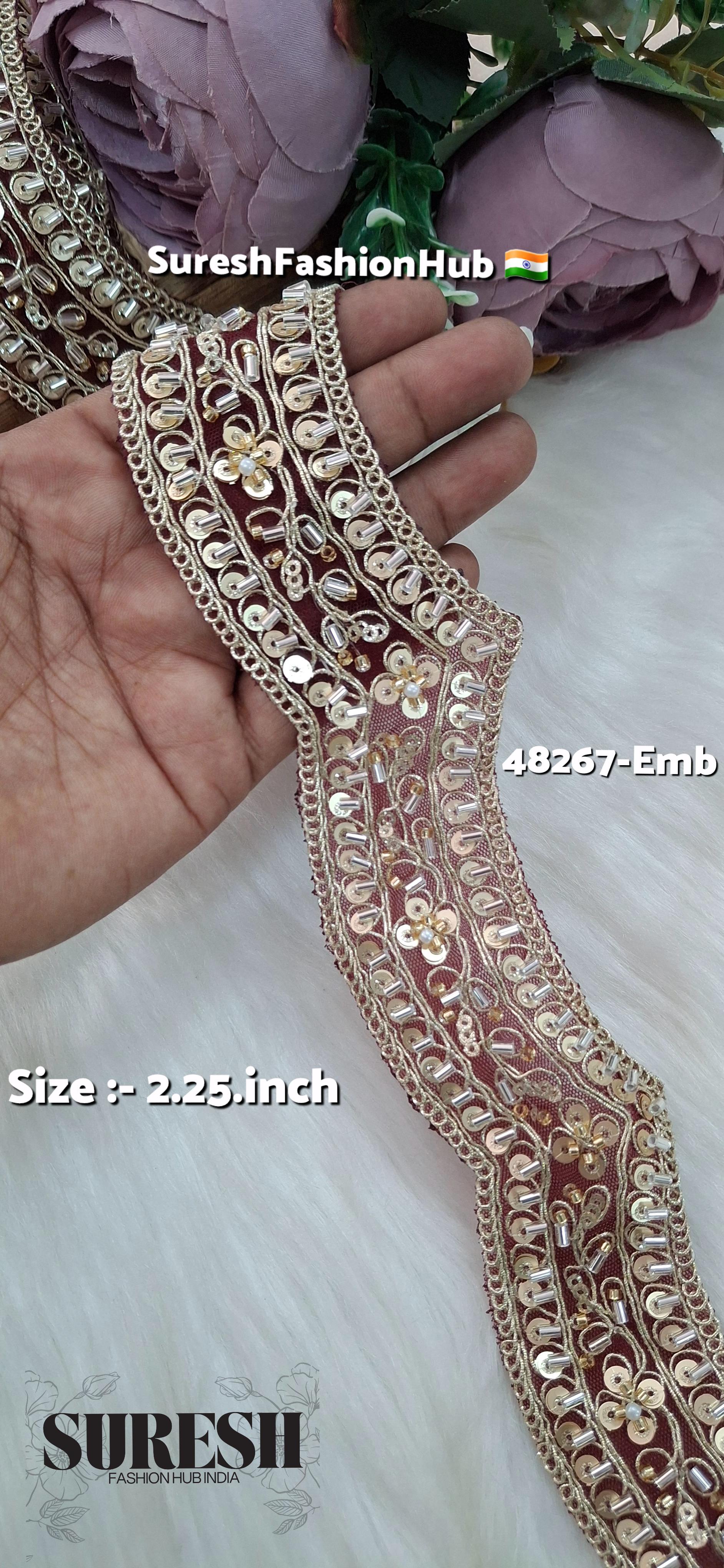 Maroon Scallop Pearl Embroidery Lace