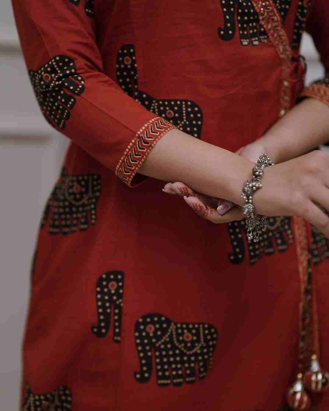 Rust cotton ethnic wear Anarkali sets with traditional print with printed dupatta