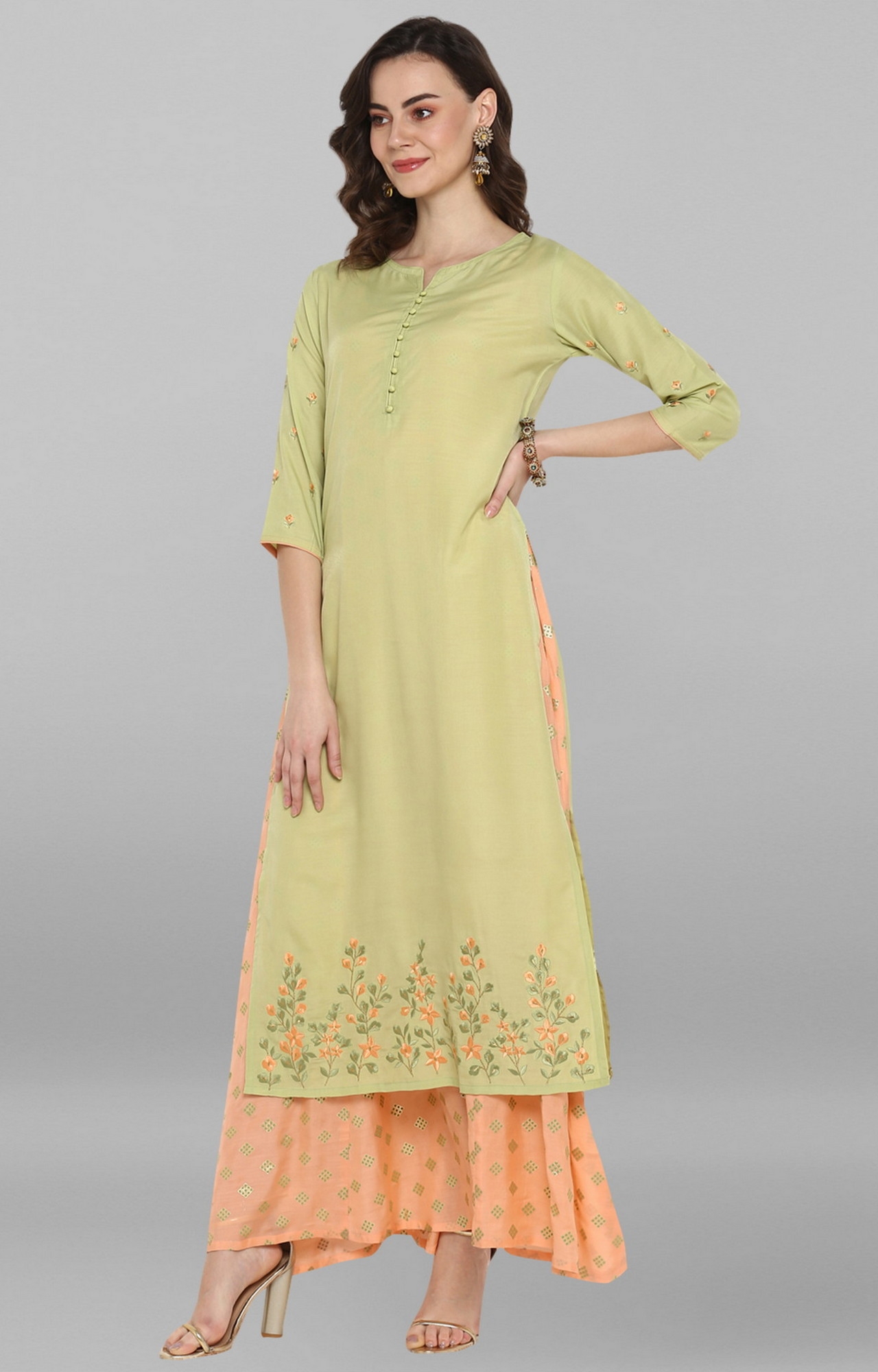 Janasya | Janasya Women's Light Green Poly Muslin Ethnic Dress  2