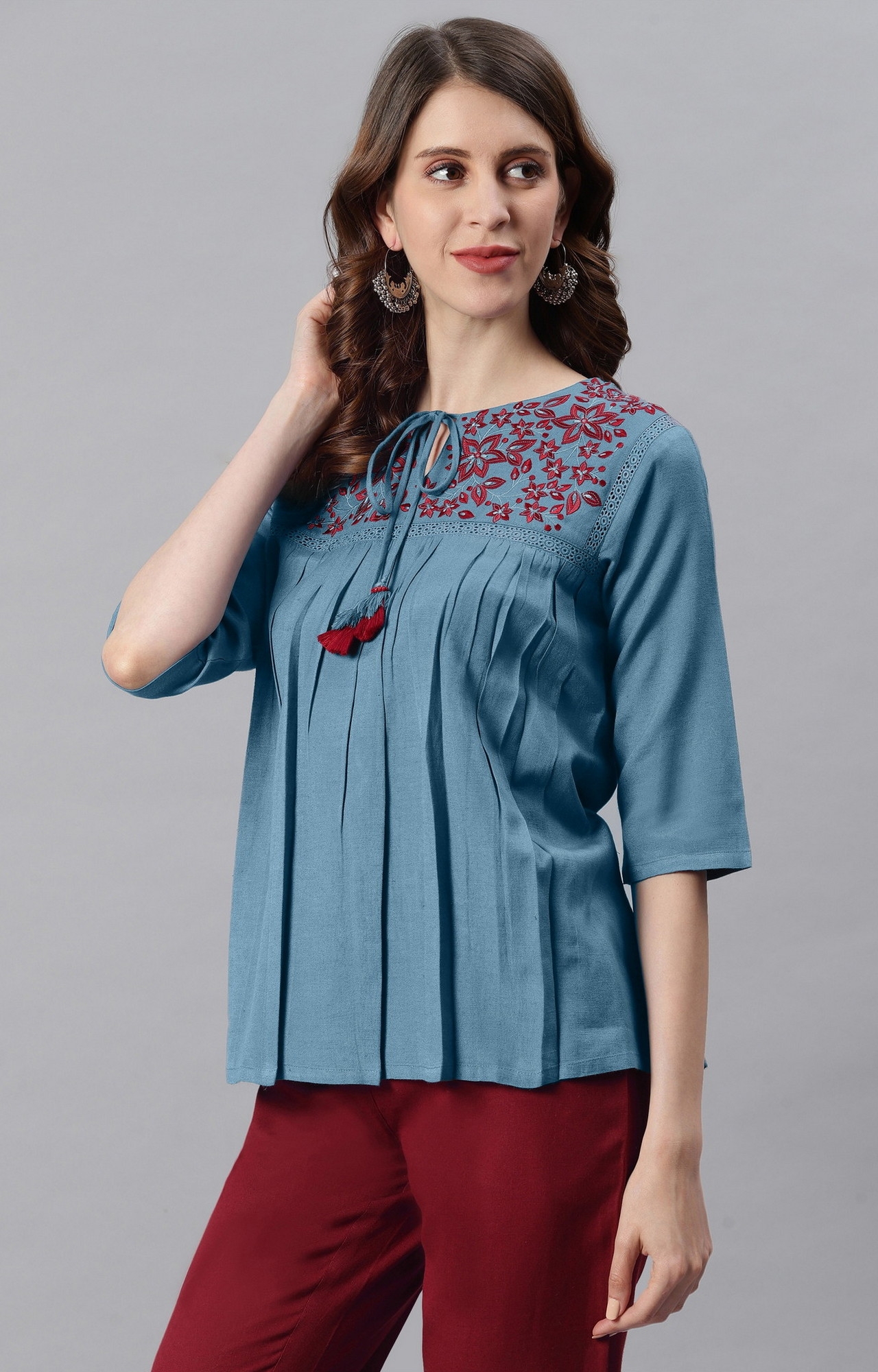Janasya | Janasya Women's Blue Cotton Flex Top 4