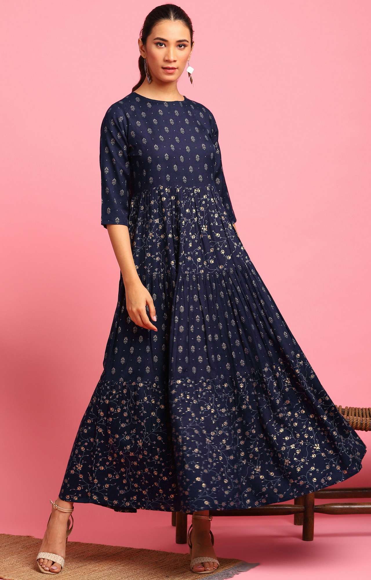 Janasya Women's Navy Blue Floral Cotton Flex Ethnic Dress 
