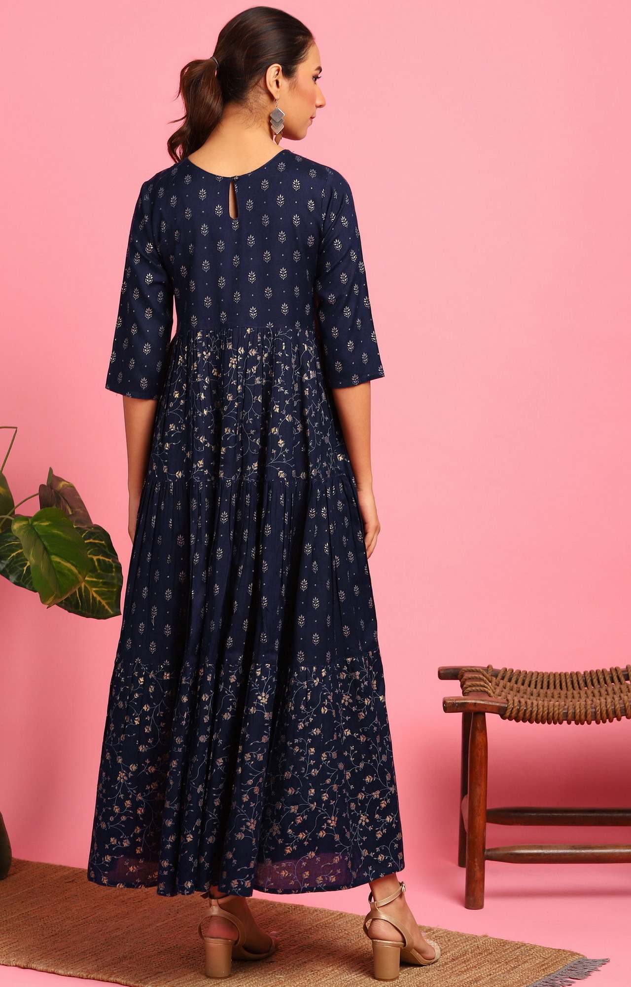 Janasya Women's Navy Blue Floral Cotton Flex Ethnic Dress 
