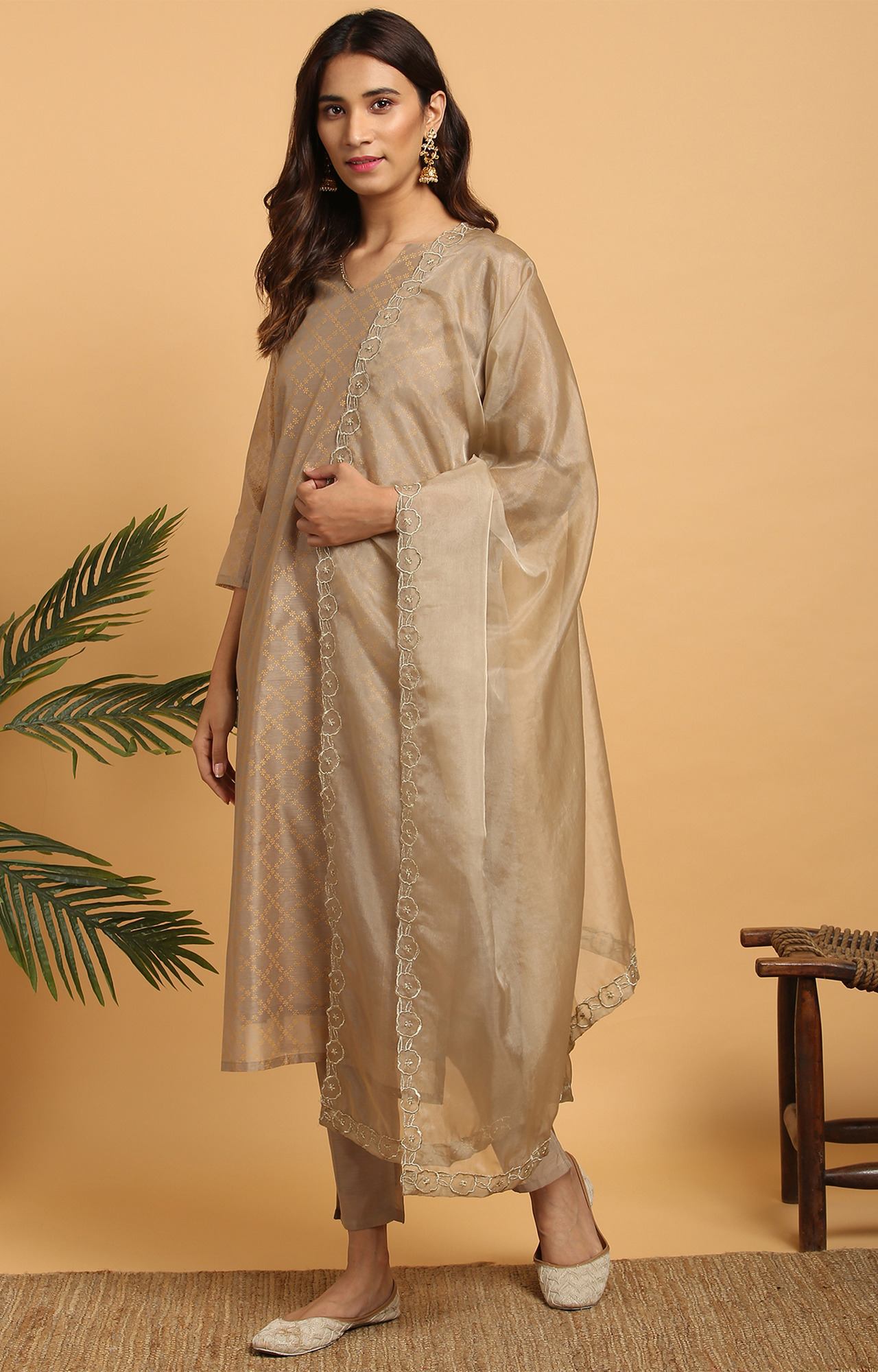 Janasya Brown Floral Salwar Kurta Dupatta