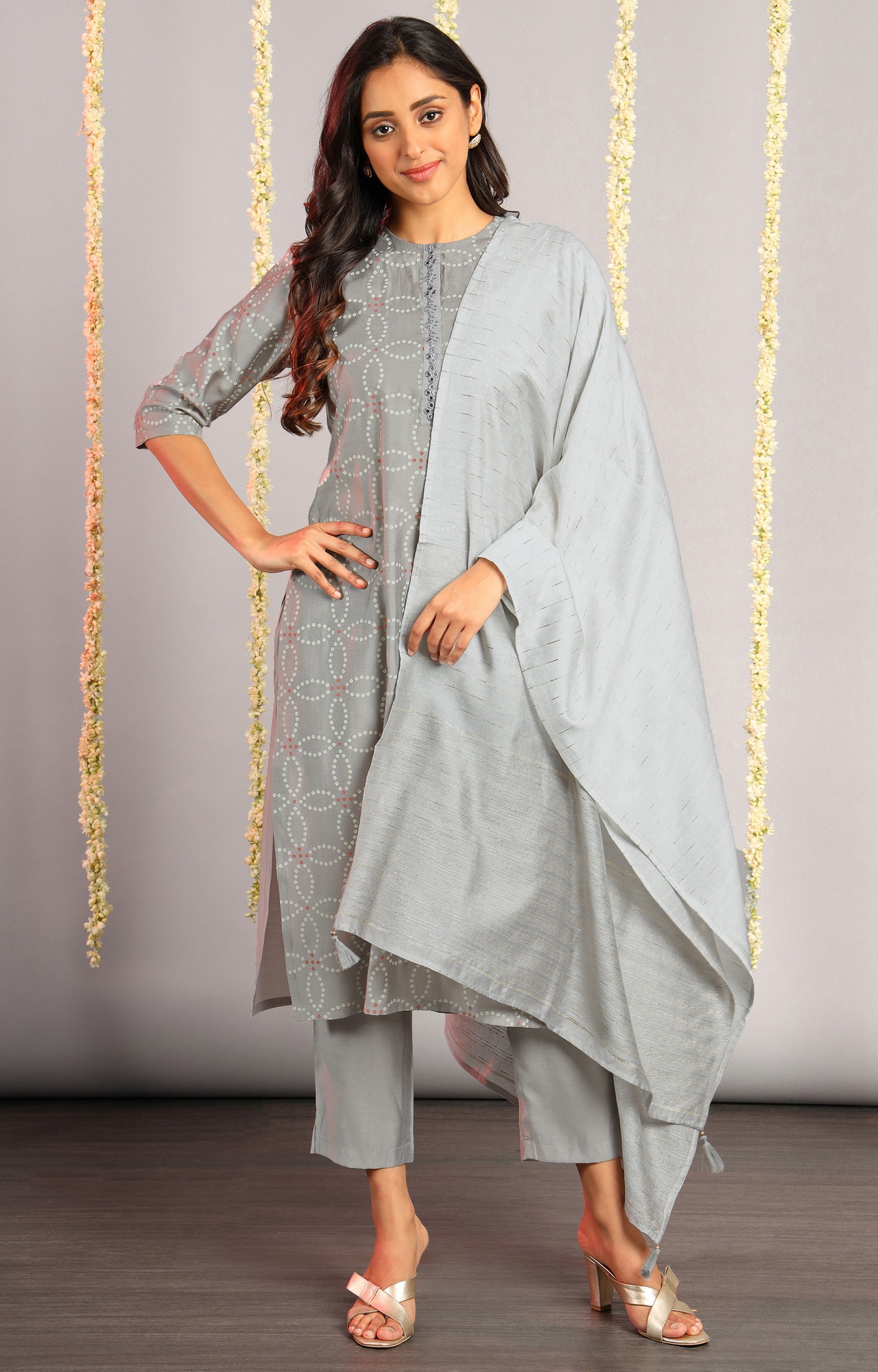 Grey Printed Salwar, Kurta & Dupatta