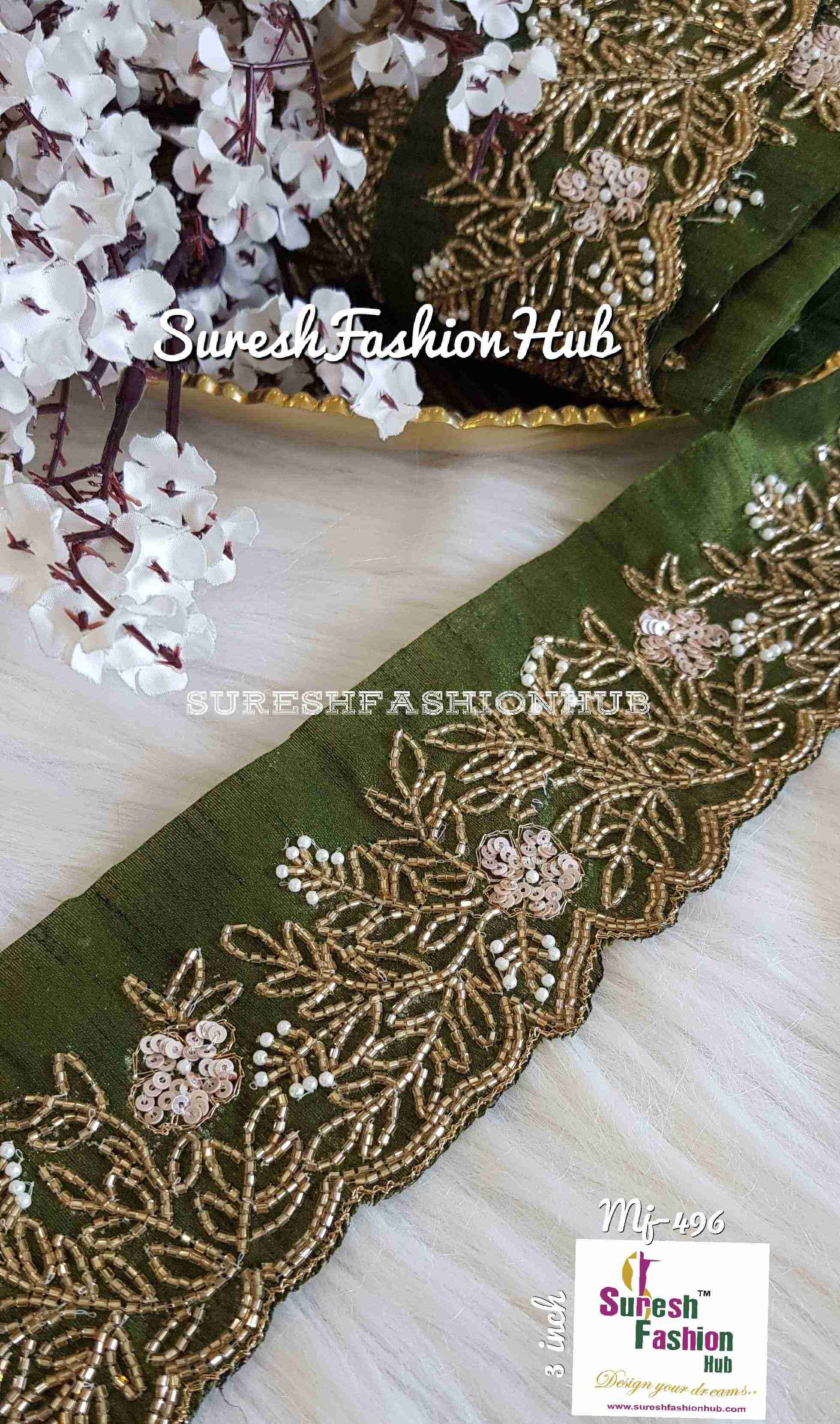 Hand Embroidered Mehendi Green Heavily Studded Trim