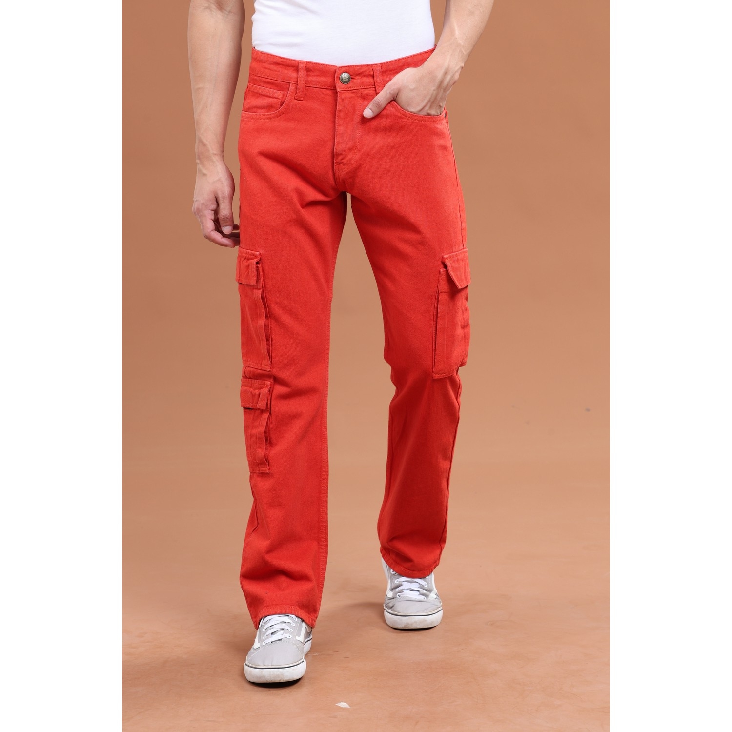 Crimson Red Denim Cargo Pants
