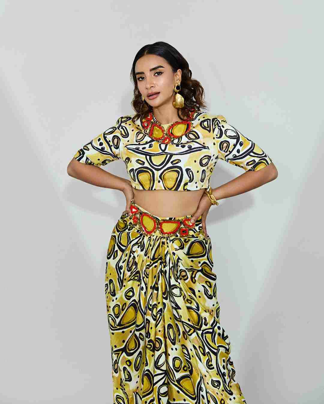 Printed Crop Top and Draped Skirt with Embroidery Detail