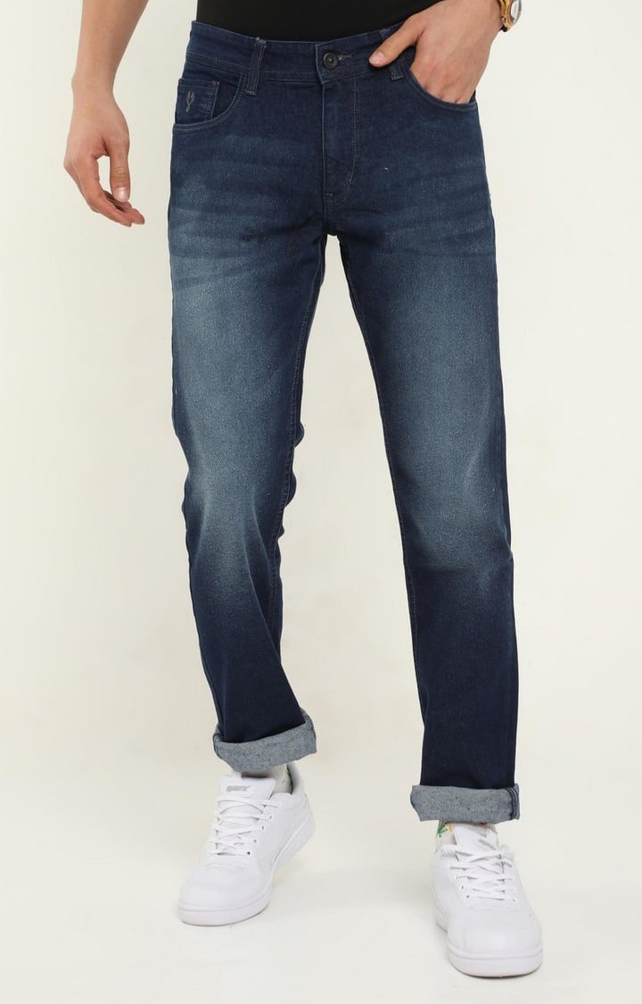 Men's Navy Blue Cotton Straight Jeans