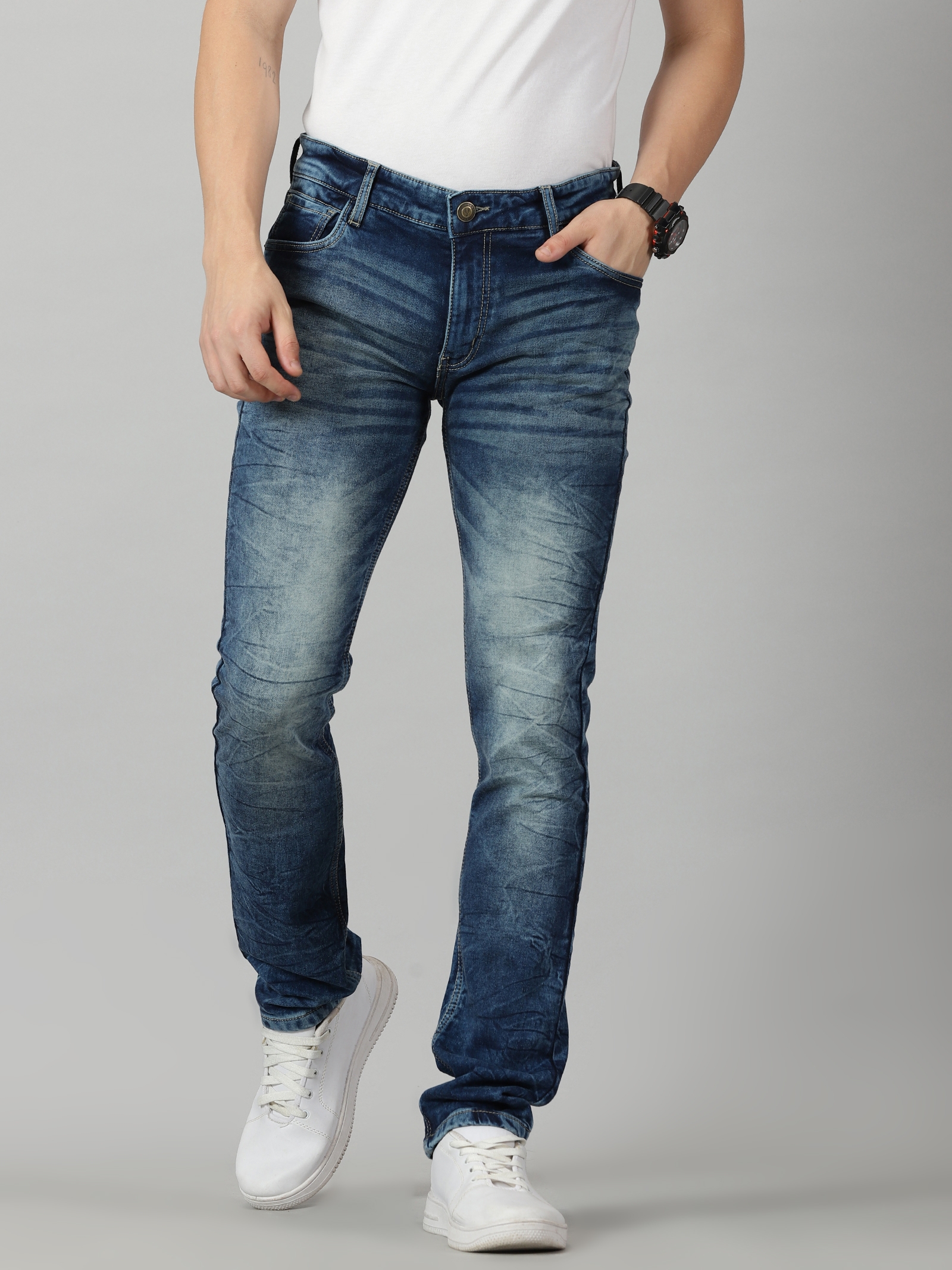 Men's Crinkle Washed Navy Slim Jeans