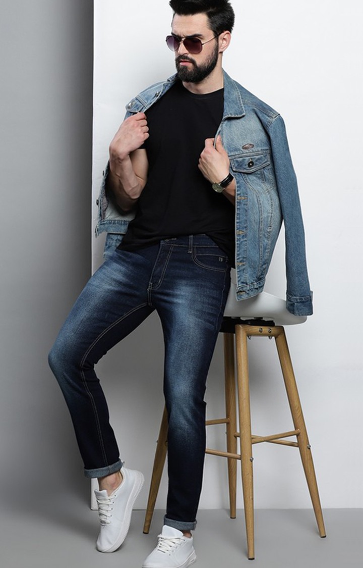 Men's Navy Blue Cotton Slim Jeans