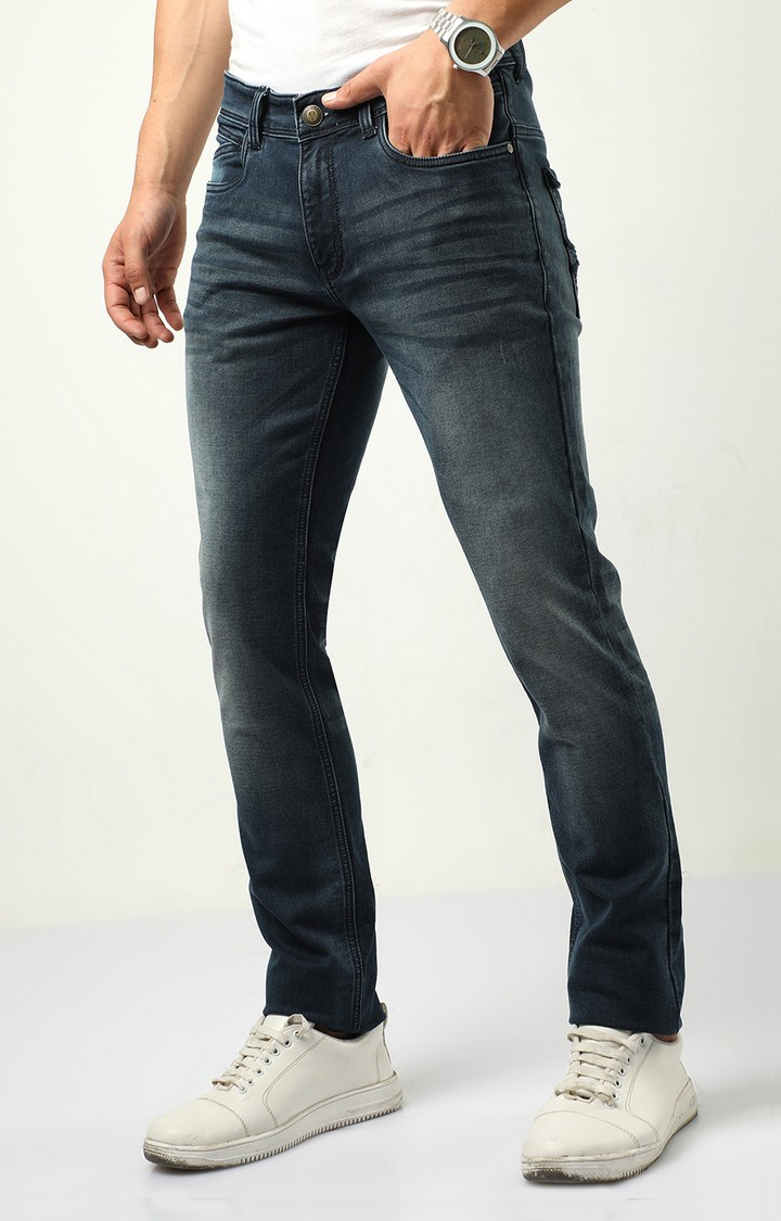 Men's Navy Blue Cotton Straight Jeans